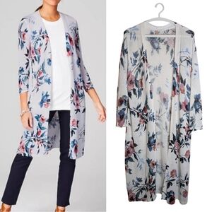 J. Jill Floral Linen Open Duster Cardigan Size Large White Spring Watercolor
